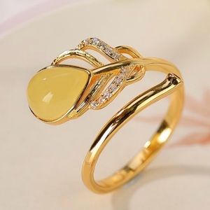 18k gold plating over 925 Sterling Silver Natural yellow jasper Leaf Band Ring